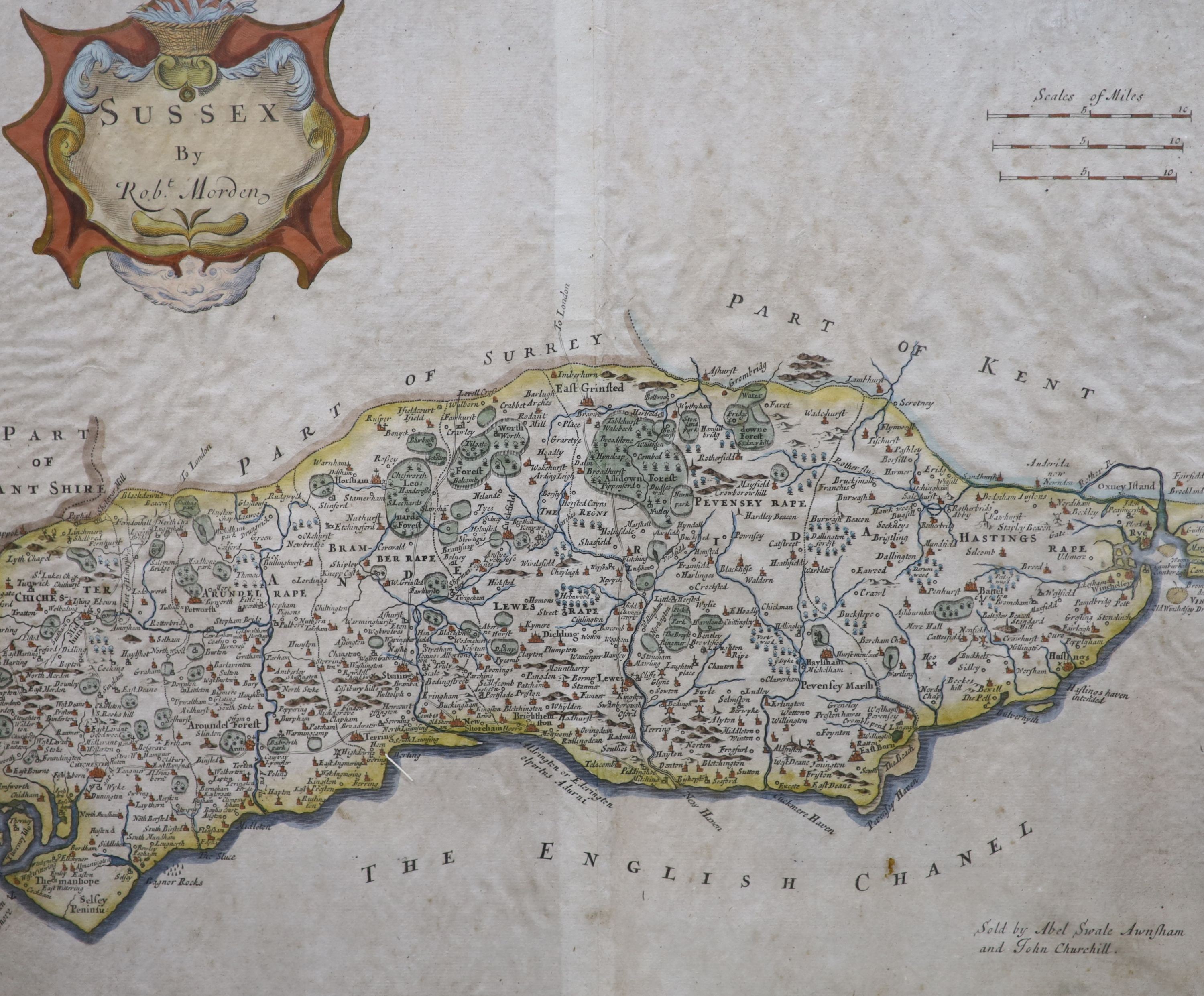 Robert Morden, coloured engraving, Map of Sussex, with centre fold, 34 x 41cm